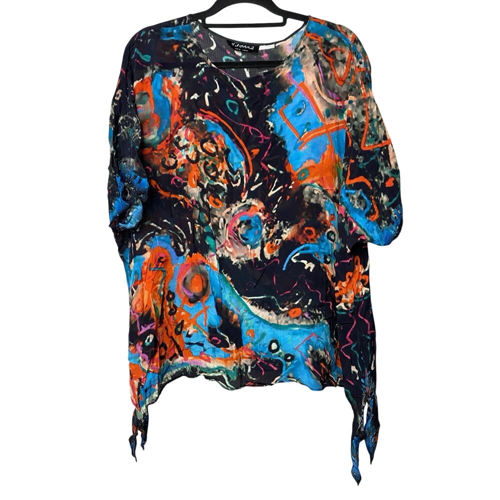 Dilemma Art to Wear Blouse Abstract Lagenlook Colorful Splatter Asymmetric Hem